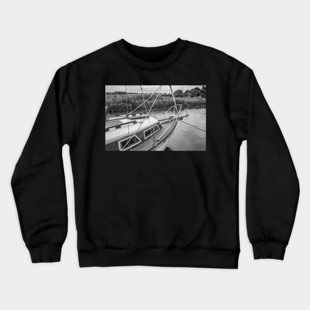 Front end of boat moored on the Norfolk Broads Crewneck Sweatshirt by yackers1